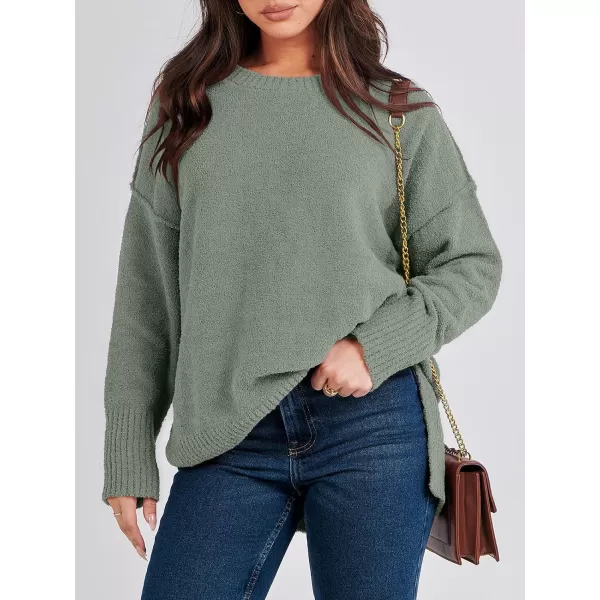 imageANRABESS Womens Crewneck Oversized Sweaters Fuzzy Knit Chunky Warm Side Slit Pullover Long Sleeve Sweater TopArmy Green