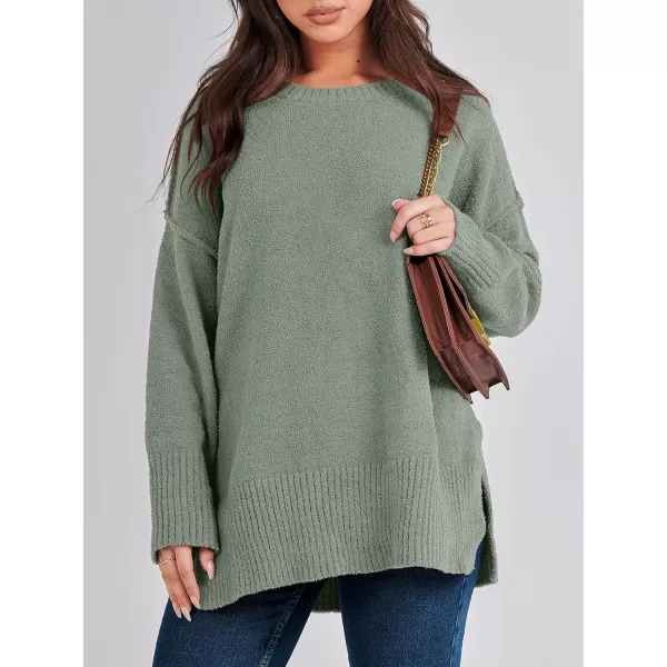 imageANRABESS Womens Crewneck Oversized Sweaters Fuzzy Knit Chunky Warm Side Slit Pullover Long Sleeve Sweater TopArmy Green