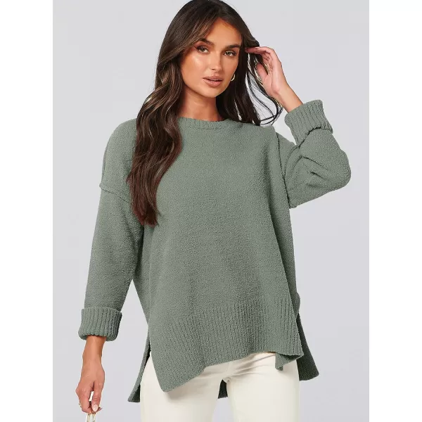 imageANRABESS Womens Crewneck Oversized Sweaters Fuzzy Knit Chunky Warm Side Slit Pullover Long Sleeve Sweater TopArmy Green