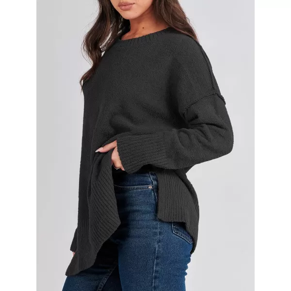 imageANRABESS Womens Crewneck Oversized Sweaters Fuzzy Knit Chunky Warm Side Slit Pullover Long Sleeve Sweater TopBlack