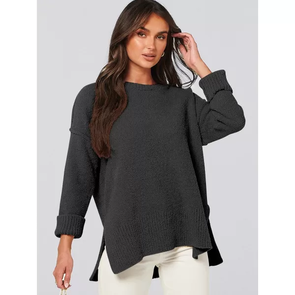 imageANRABESS Womens Crewneck Oversized Sweaters Fuzzy Knit Chunky Warm Side Slit Pullover Long Sleeve Sweater TopBlack
