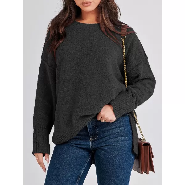 imageANRABESS Womens Crewneck Oversized Sweaters Fuzzy Knit Chunky Warm Side Slit Pullover Long Sleeve Sweater TopBlack