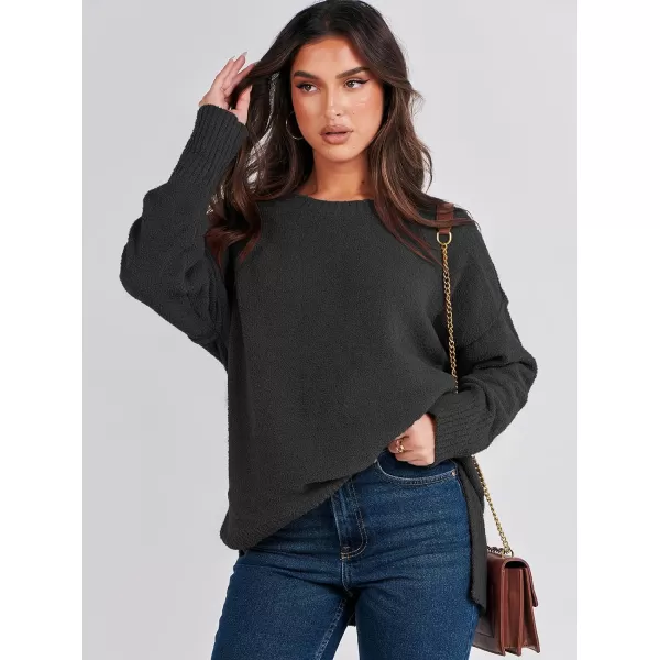 imageANRABESS Womens Crewneck Oversized Sweaters Fuzzy Knit Chunky Warm Side Slit Pullover Long Sleeve Sweater TopBlack