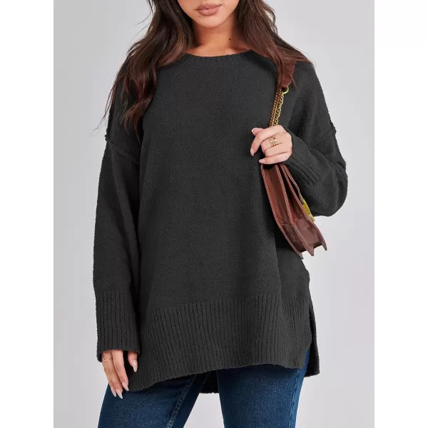 imageANRABESS Womens Crewneck Oversized Sweaters Fuzzy Knit Chunky Warm Side Slit Pullover Long Sleeve Sweater TopBlack