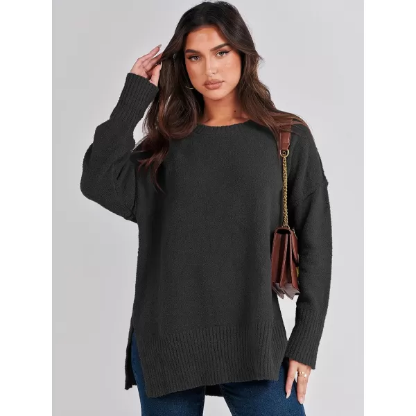 imageANRABESS Womens Crewneck Oversized Sweaters Fuzzy Knit Chunky Warm Side Slit Pullover Long Sleeve Sweater TopBlack
