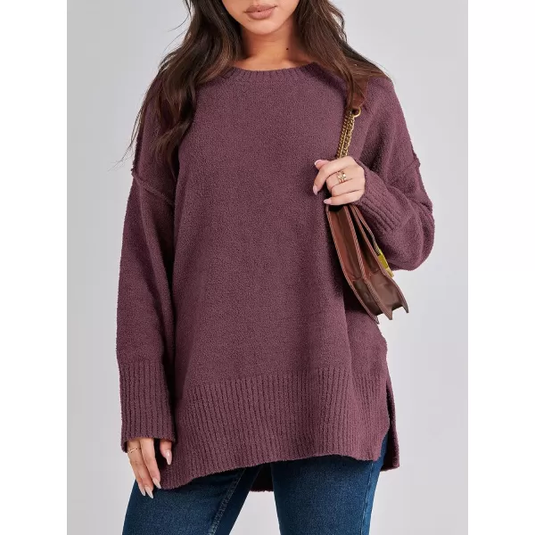 imageANRABESS Womens Crewneck Oversized Sweaters Fuzzy Knit Chunky Warm Side Slit Pullover Long Sleeve Sweater TopBurgundy