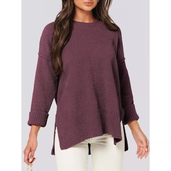 imageANRABESS Womens Crewneck Oversized Sweaters Fuzzy Knit Chunky Warm Side Slit Pullover Long Sleeve Sweater TopBurgundy