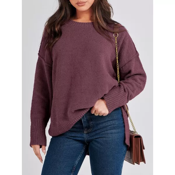 imageANRABESS Womens Crewneck Oversized Sweaters Fuzzy Knit Chunky Warm Side Slit Pullover Long Sleeve Sweater TopBurgundy