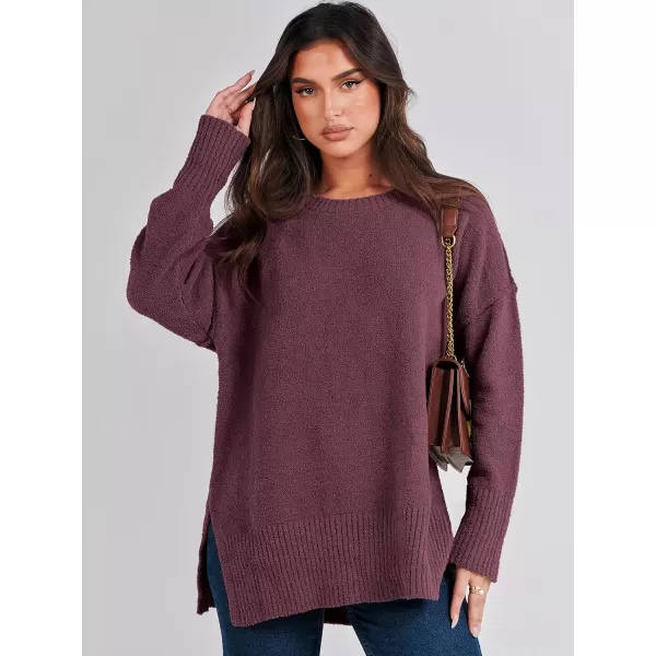 imageANRABESS Womens Crewneck Oversized Sweaters Fuzzy Knit Chunky Warm Side Slit Pullover Long Sleeve Sweater TopBurgundy