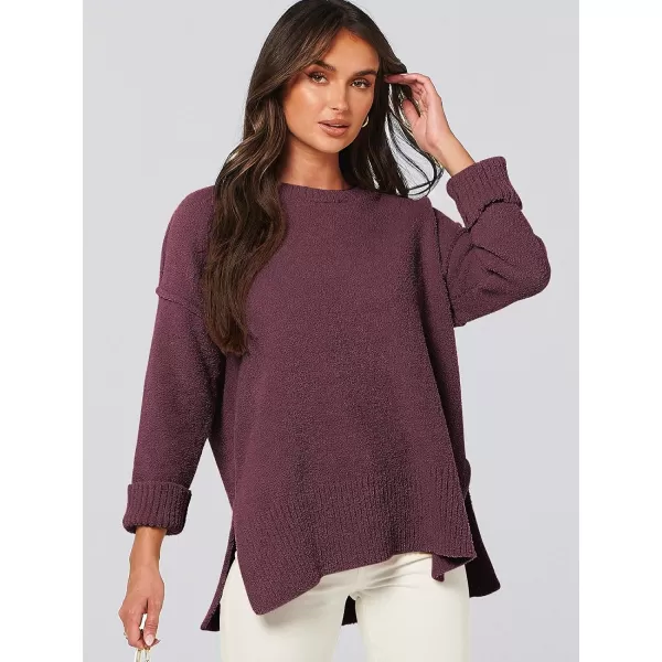 imageANRABESS Womens Crewneck Oversized Sweaters Fuzzy Knit Chunky Warm Side Slit Pullover Long Sleeve Sweater TopBurgundy