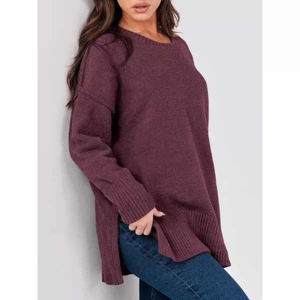 imageANRABESS Womens Crewneck Oversized Sweaters Fuzzy Knit Chunky Warm Side Slit Pullover Long Sleeve Sweater TopBurgundy