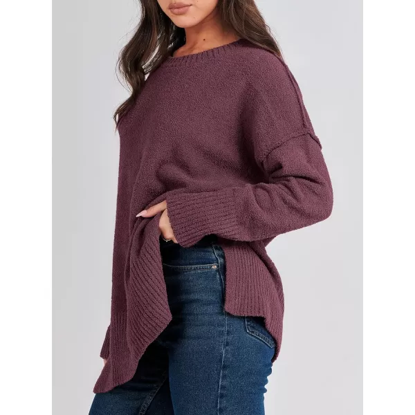 imageANRABESS Womens Crewneck Oversized Sweaters Fuzzy Knit Chunky Warm Side Slit Pullover Long Sleeve Sweater TopBurgundy