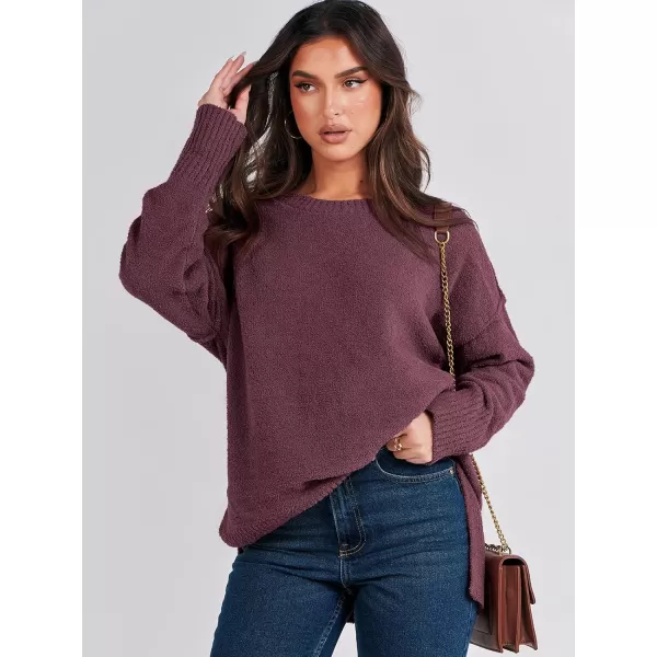 imageANRABESS Womens Crewneck Oversized Sweaters Fuzzy Knit Chunky Warm Side Slit Pullover Long Sleeve Sweater TopBurgundy