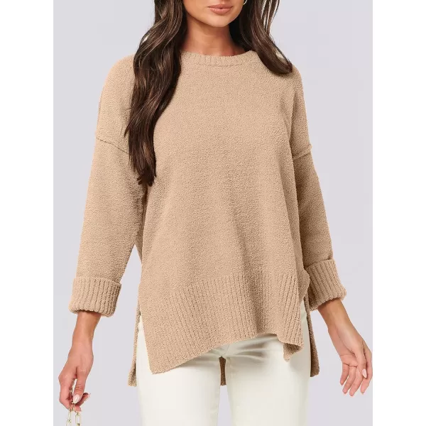 imageANRABESS Womens Crewneck Oversized Sweaters Fuzzy Knit Chunky Warm Side Slit Pullover Long Sleeve Sweater TopCamel