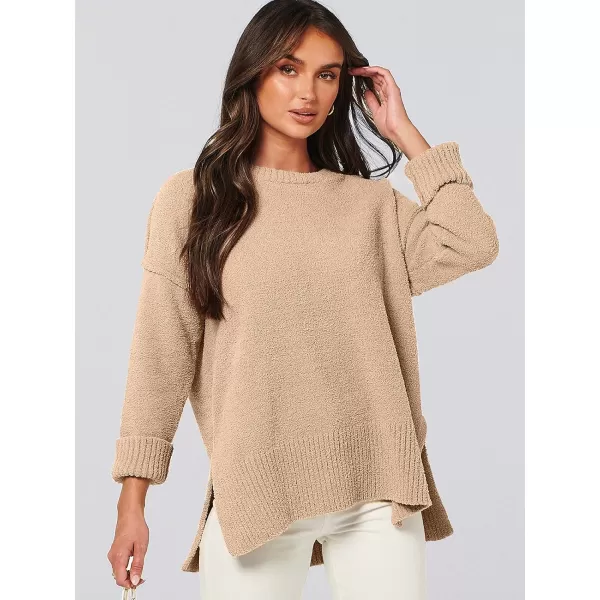 imageANRABESS Womens Crewneck Oversized Sweaters Fuzzy Knit Chunky Warm Side Slit Pullover Long Sleeve Sweater TopCamel