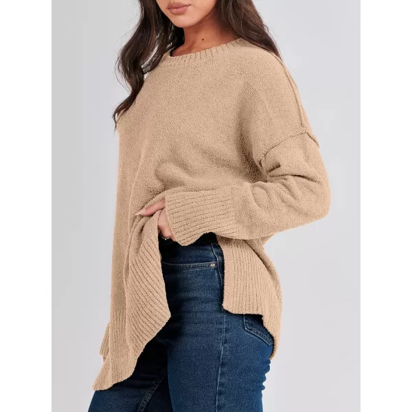 imageANRABESS Womens Crewneck Oversized Sweaters Fuzzy Knit Chunky Warm Side Slit Pullover Long Sleeve Sweater TopCamel