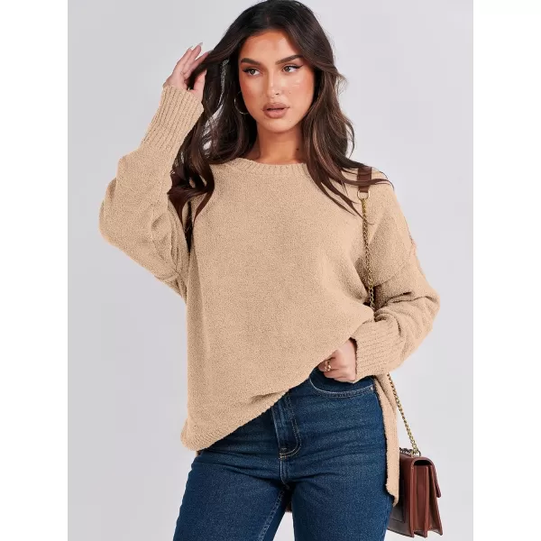 imageANRABESS Womens Crewneck Oversized Sweaters Fuzzy Knit Chunky Warm Side Slit Pullover Long Sleeve Sweater TopCamel