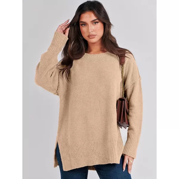imageANRABESS Womens Crewneck Oversized Sweaters Fuzzy Knit Chunky Warm Side Slit Pullover Long Sleeve Sweater TopCamel