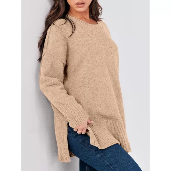 imageANRABESS Womens Crewneck Oversized Sweaters Fuzzy Knit Chunky Warm Side Slit Pullover Long Sleeve Sweater TopCamel
