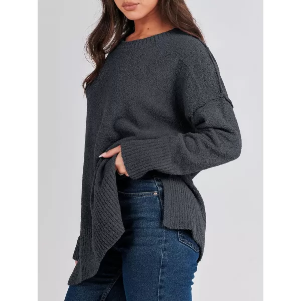 imageANRABESS Womens Crewneck Oversized Sweaters Fuzzy Knit Chunky Warm Side Slit Pullover Long Sleeve Sweater TopDark Grey