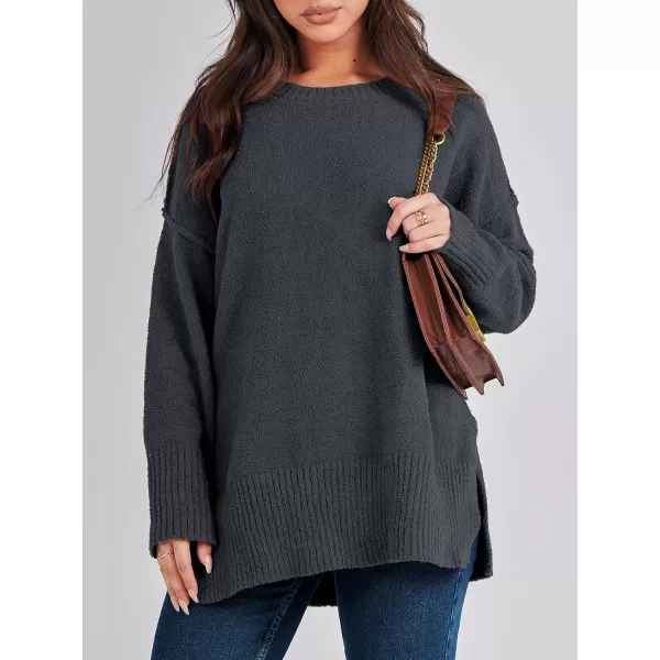 imageANRABESS Womens Crewneck Oversized Sweaters Fuzzy Knit Chunky Warm Side Slit Pullover Long Sleeve Sweater TopDark Grey