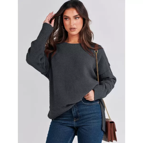imageANRABESS Womens Crewneck Oversized Sweaters Fuzzy Knit Chunky Warm Side Slit Pullover Long Sleeve Sweater TopDark Grey