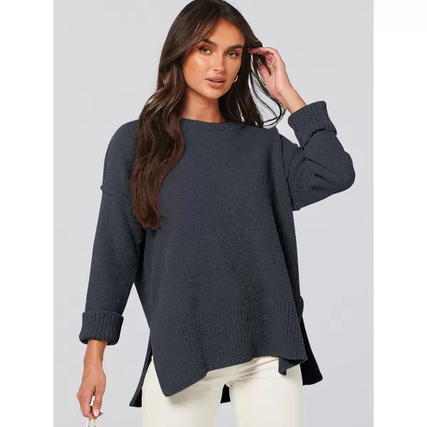 imageANRABESS Womens Crewneck Oversized Sweaters Fuzzy Knit Chunky Warm Side Slit Pullover Long Sleeve Sweater TopDark Grey