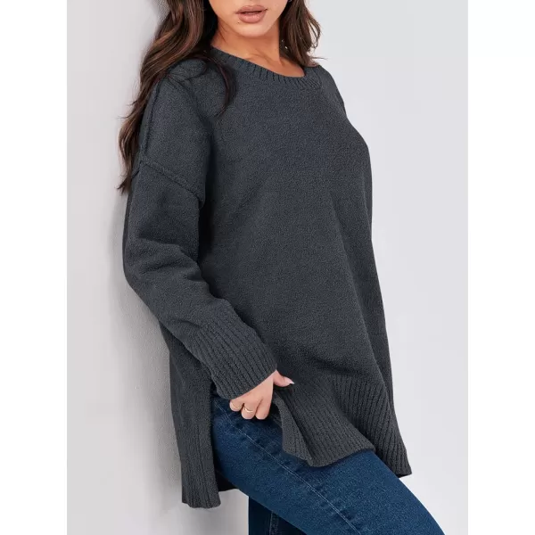 imageANRABESS Womens Crewneck Oversized Sweaters Fuzzy Knit Chunky Warm Side Slit Pullover Long Sleeve Sweater TopDark Grey