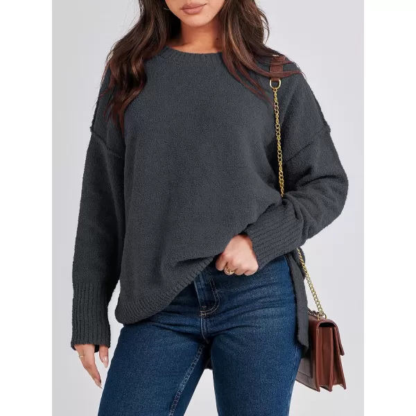imageANRABESS Womens Crewneck Oversized Sweaters Fuzzy Knit Chunky Warm Side Slit Pullover Long Sleeve Sweater TopDark Grey