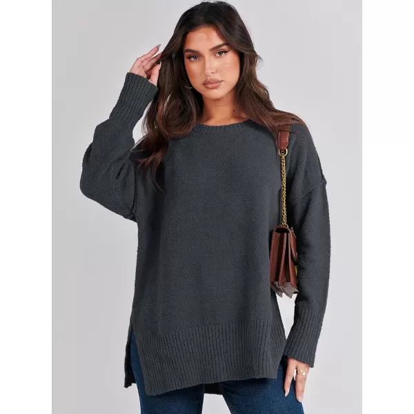 imageANRABESS Womens Crewneck Oversized Sweaters Fuzzy Knit Chunky Warm Side Slit Pullover Long Sleeve Sweater TopDark Grey