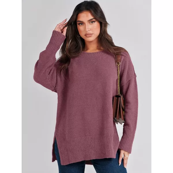 imageANRABESS Womens Crewneck Oversized Sweaters Fuzzy Knit Chunky Warm Side Slit Pullover Long Sleeve Sweater TopFuchsia