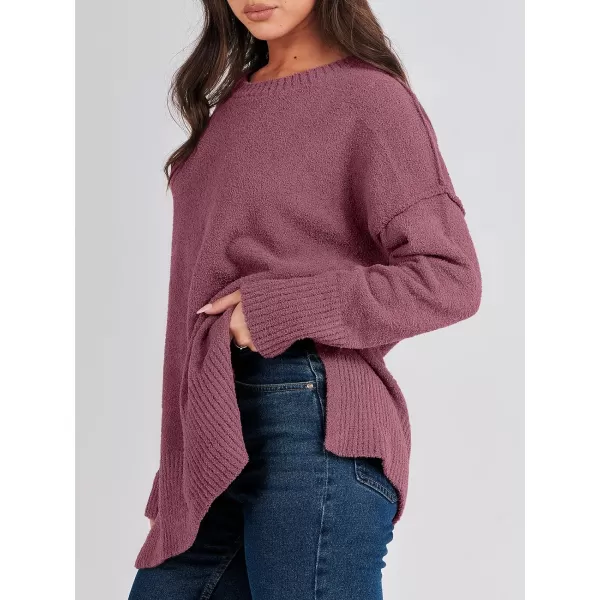 imageANRABESS Womens Crewneck Oversized Sweaters Fuzzy Knit Chunky Warm Side Slit Pullover Long Sleeve Sweater TopFuchsia