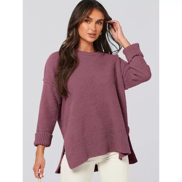 imageANRABESS Womens Crewneck Oversized Sweaters Fuzzy Knit Chunky Warm Side Slit Pullover Long Sleeve Sweater TopFuchsia