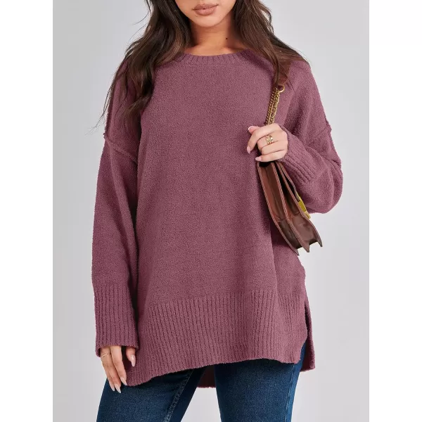 imageANRABESS Womens Crewneck Oversized Sweaters Fuzzy Knit Chunky Warm Side Slit Pullover Long Sleeve Sweater TopFuchsia