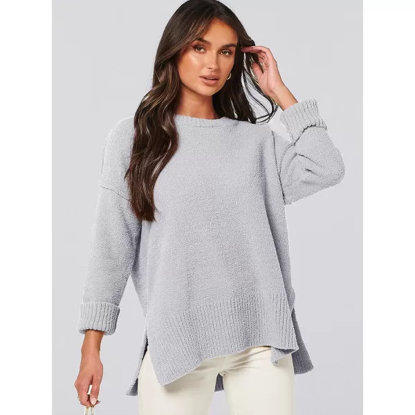 imageANRABESS Womens Crewneck Oversized Sweaters Fuzzy Knit Chunky Warm Side Slit Pullover Long Sleeve Sweater TopGray