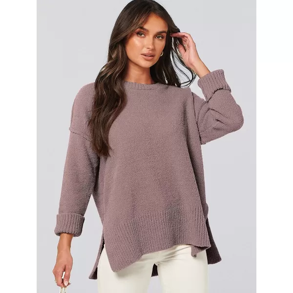 imageANRABESS Womens Crewneck Oversized Sweaters Fuzzy Knit Chunky Warm Side Slit Pullover Long Sleeve Sweater TopGray Purple