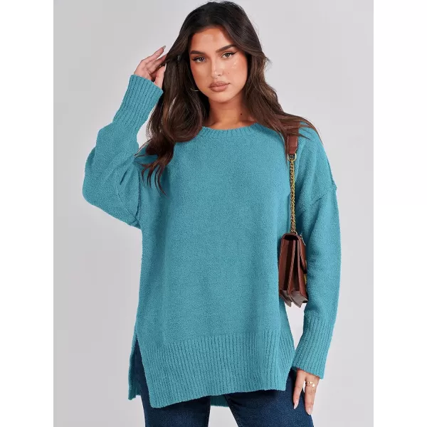 imageANRABESS Womens Crewneck Oversized Sweaters Fuzzy Knit Chunky Warm Side Slit Pullover Long Sleeve Sweater TopLake