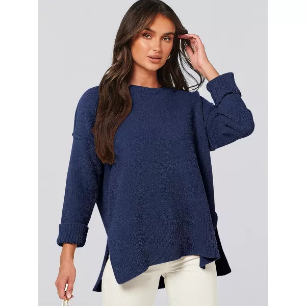imageANRABESS Womens Crewneck Oversized Sweaters Fuzzy Knit Chunky Warm Side Slit Pullover Long Sleeve Sweater TopNavy Blue
