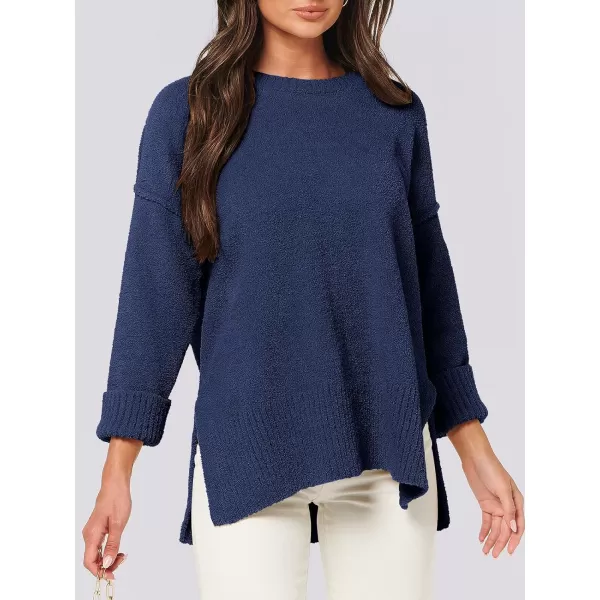imageANRABESS Womens Crewneck Oversized Sweaters Fuzzy Knit Chunky Warm Side Slit Pullover Long Sleeve Sweater TopNavy Blue