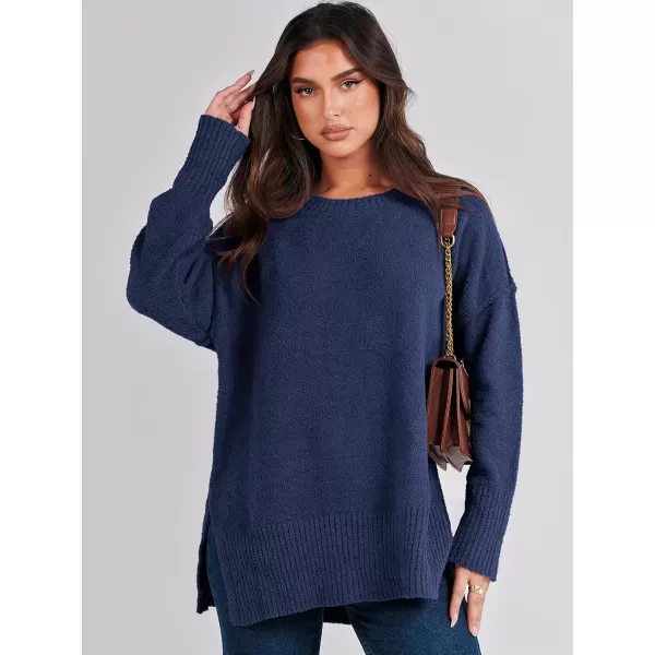 imageANRABESS Womens Crewneck Oversized Sweaters Fuzzy Knit Chunky Warm Side Slit Pullover Long Sleeve Sweater TopNavy Blue