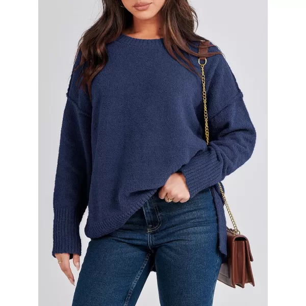 imageANRABESS Womens Crewneck Oversized Sweaters Fuzzy Knit Chunky Warm Side Slit Pullover Long Sleeve Sweater TopNavy Blue