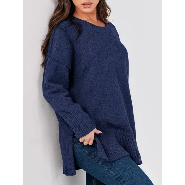 imageANRABESS Womens Crewneck Oversized Sweaters Fuzzy Knit Chunky Warm Side Slit Pullover Long Sleeve Sweater TopNavy Blue