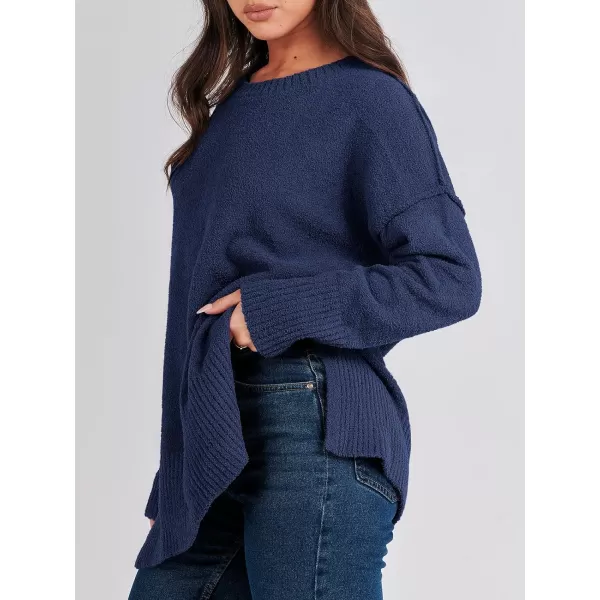 imageANRABESS Womens Crewneck Oversized Sweaters Fuzzy Knit Chunky Warm Side Slit Pullover Long Sleeve Sweater TopNavy Blue