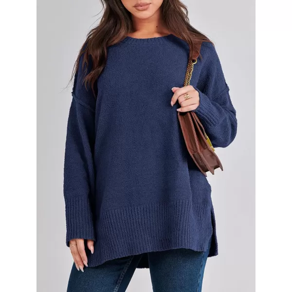 imageANRABESS Womens Crewneck Oversized Sweaters Fuzzy Knit Chunky Warm Side Slit Pullover Long Sleeve Sweater TopNavy Blue