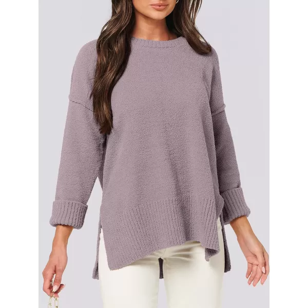 imageANRABESS Womens Crewneck Oversized Sweaters Fuzzy Knit Chunky Warm Side Slit Pullover Long Sleeve Sweater TopPurple
