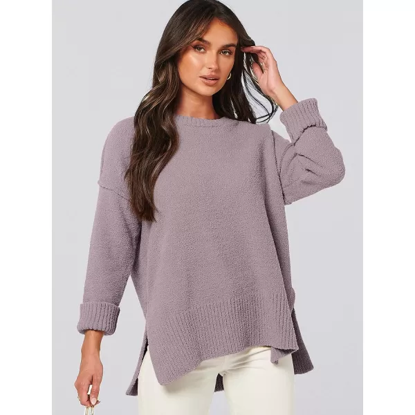 imageANRABESS Womens Crewneck Oversized Sweaters Fuzzy Knit Chunky Warm Side Slit Pullover Long Sleeve Sweater TopPurple
