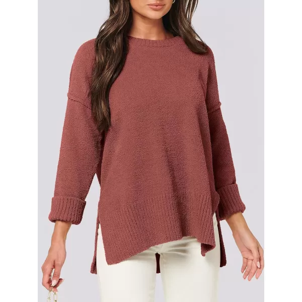 imageANRABESS Womens Crewneck Oversized Sweaters Fuzzy Knit Chunky Warm Side Slit Pullover Long Sleeve Sweater TopRust