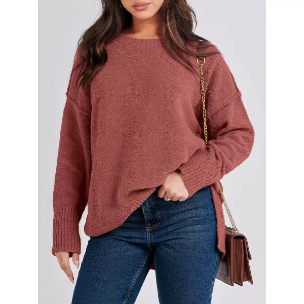 imageANRABESS Womens Crewneck Oversized Sweaters Fuzzy Knit Chunky Warm Side Slit Pullover Long Sleeve Sweater TopRust