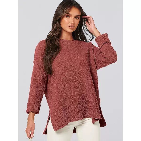 imageANRABESS Womens Crewneck Oversized Sweaters Fuzzy Knit Chunky Warm Side Slit Pullover Long Sleeve Sweater TopRust