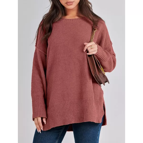 imageANRABESS Womens Crewneck Oversized Sweaters Fuzzy Knit Chunky Warm Side Slit Pullover Long Sleeve Sweater TopRust